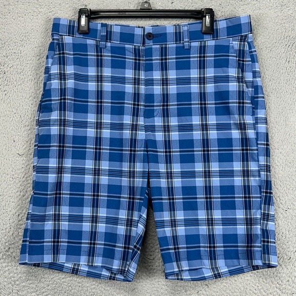 Jack Nicklaus Mens Chino Shorts 34 Blue Plaid Flat Front Pocket Stretch‎ Casual - Picture 1 of 7